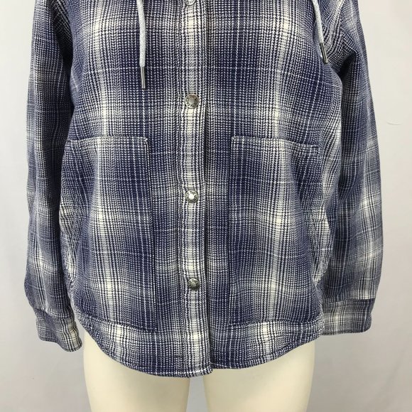 THE NORTH FACE ~ WOMENS SMALL ~ BLUE PLAID SHERPA LINED HOODED FLANNEL - Picture 3 of 7